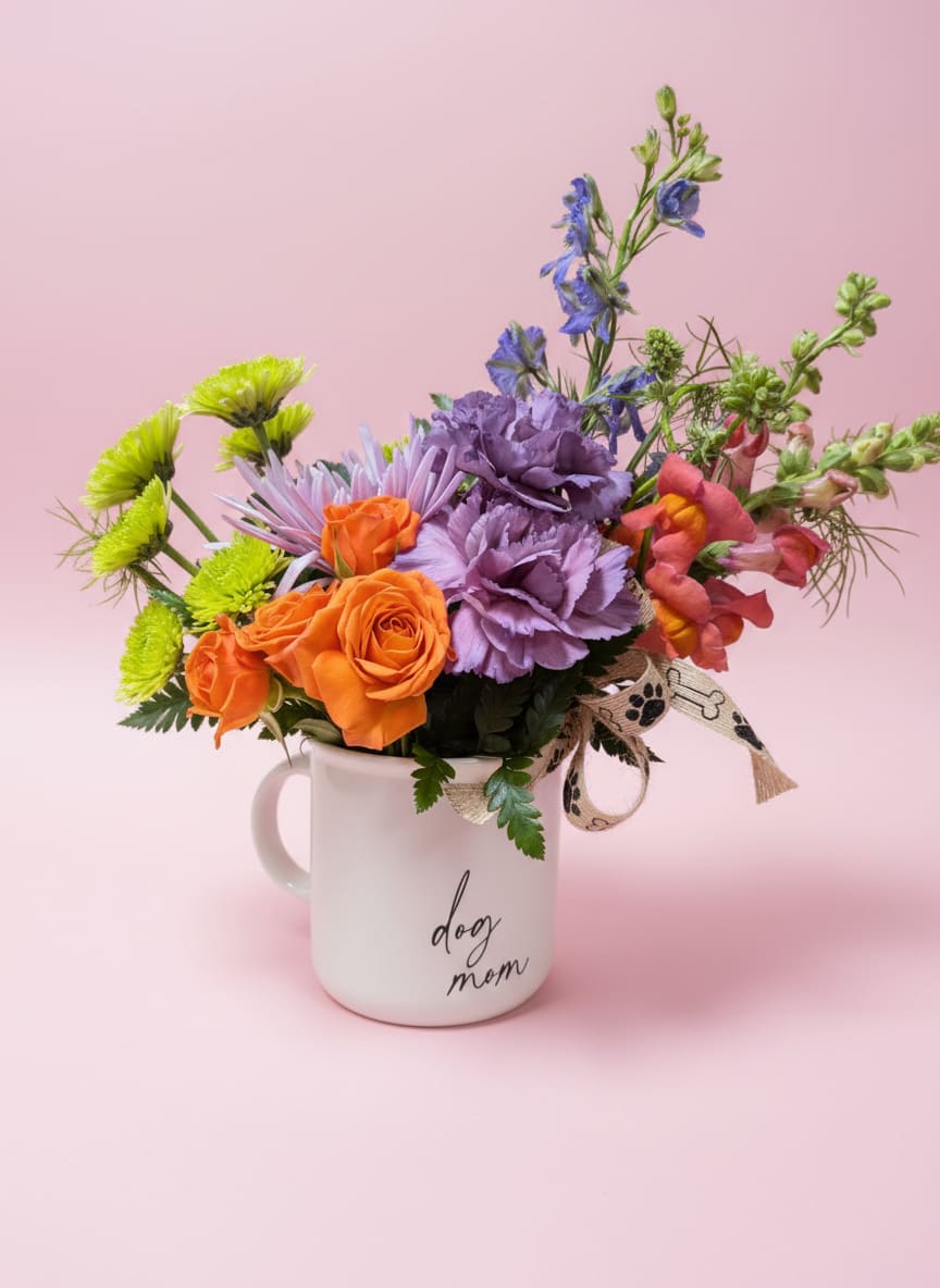Paws &amp; Petals  - A vibrant Mother’s Day mug arrangement made especially for the Dog Mom who deserves something as joyful and full of personality as she is. Presented in a keepsake coffee mug celebrating her favorite title, this design blends bold color, playful texture, and heartfelt detail.  Metallic carnations add a fun, unexpected shimmer, while orange spray roses and orange snapdragons bring bright, energetic warmth. Purple larkspur and lavender Fuji mums add soft height and movement, creating a lively, garden-like feel. Green cushion/Kermit mums provide fresh contrast and balance throughout, and paw print ribbon finishes the design with a sweet nod to her four-legged best friend.  Cheerful, colorful, and full of love, this arrangement is a celebration of the bond between a Dog Mom and her pup—finished in a mug she can enjoy long after the blooms fade.  All flowers, flowers colors, and containers are subject to change due to availability.
