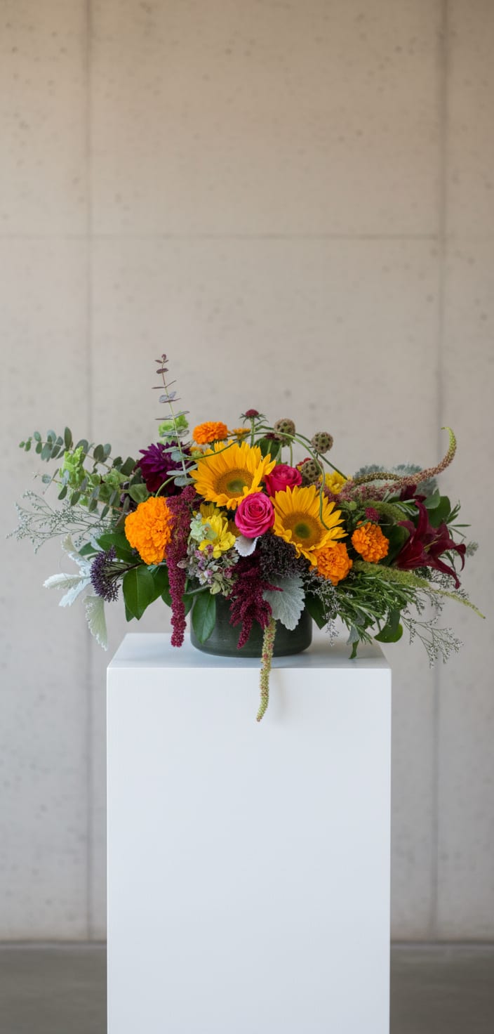 California Fields - Two bright sunflowers take center stage in this mixed-color flower arrangement, creating a warm, garden-fresh statement perfect for an anniversary, a cheerful get-well surprise, or a "just because" pick-me-up. The lively palette-sunny yellow, hot pink, tangerine orange, and deep purple-reads both festive and rustic, making it a great choice for summer gatherings, autumn Thanksgiving tables, or to say thank you with bold, joyful color.  This low, abundant design is built in a dark rounded ceramic vase set on a white pedestal, with dense clusters of roses, spray roses, dahlias, chrysanthemums, marigold-like blooms, hydrangea texture, lilies and alstroemeria woven through airy branching greenery and trailing accents. The arrangement's layered shapes and varied textures give it a loose, garden-style silhouette that looks full from every angle and fits well as a centerpiece or cheery bedside bouquet.  Send this to a friend, parent, or colleague for birthdays, congrats, Boss's Day, Best Friends Day, or Grandparent's Day-the recipient will feel genuinely celebrated by the exuberant color and generous scale. Sized as a lush, low centerpiece in a dark ceramic vase, it arrives ready to display; refresh the water and trim stems every few days to prolong freshness.