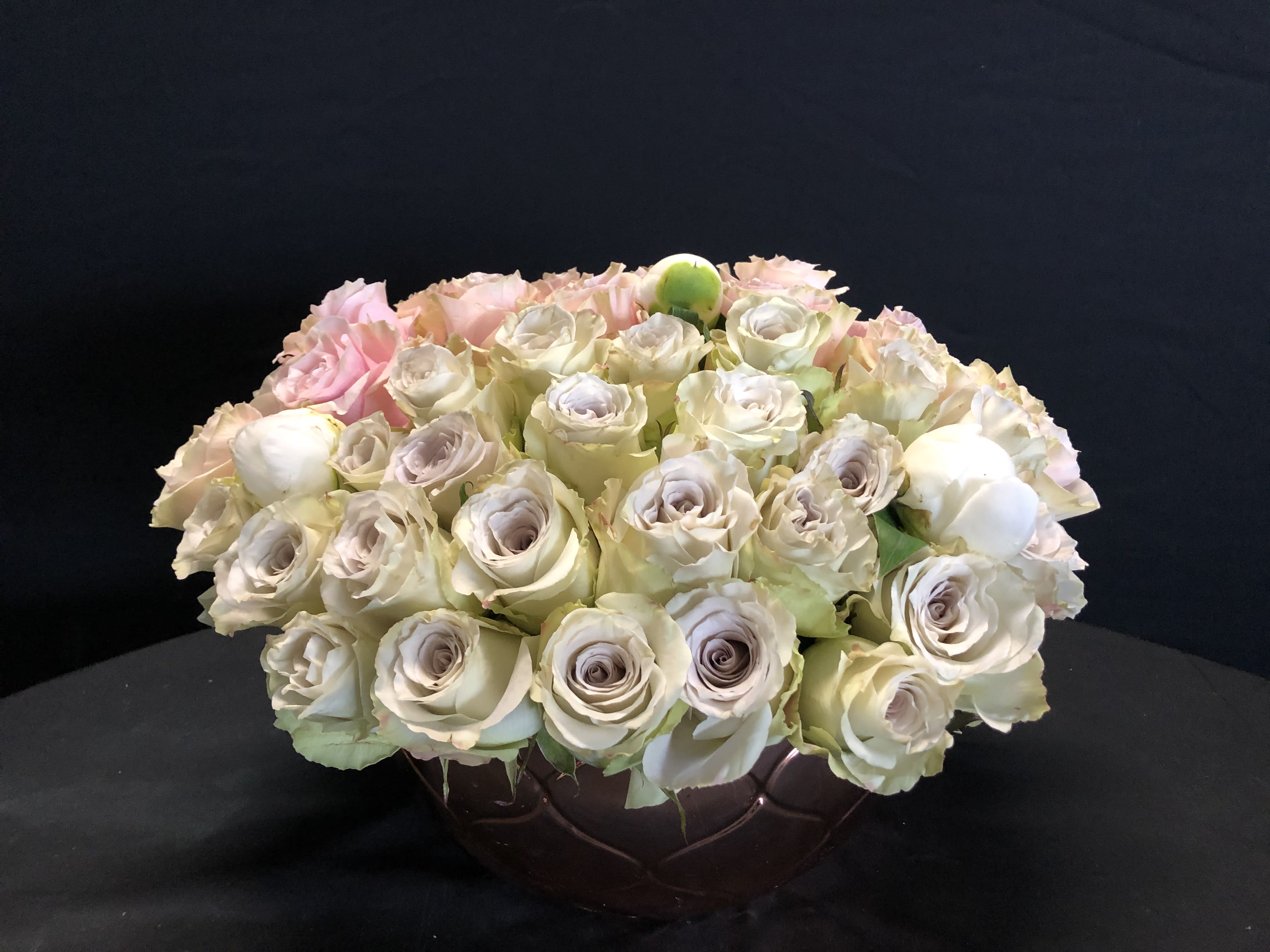 Soft color design. 60 roses for her!  - ***No specific delivery time available**  This beautiful European modern style has become one of our most popular! When you order online you will receive several emails until order has been completed and delivered by the designer who put it together.  We are more than just flower; we are an experience you will love. Upgrade to 5 peonies- $600 10 peonies - 700 