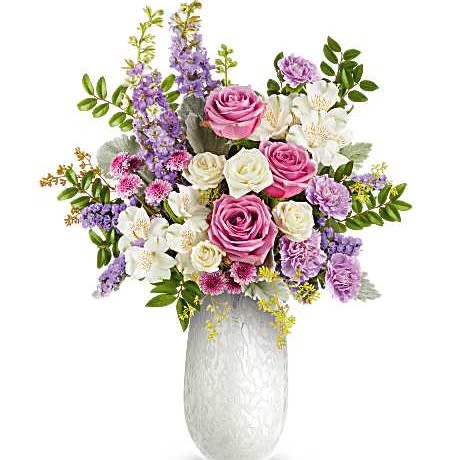 Prism Petals Bouquet - Celebrate Mom with Teleflora's Prism Petals Bouquet, a radiant mix of pink, lavender, and ivory blooms beautifully arranged in Teleflora's Amelia Vase. This elegant art glass keepsake adds soft shimmer and a heartfelt Mother's Day touch.