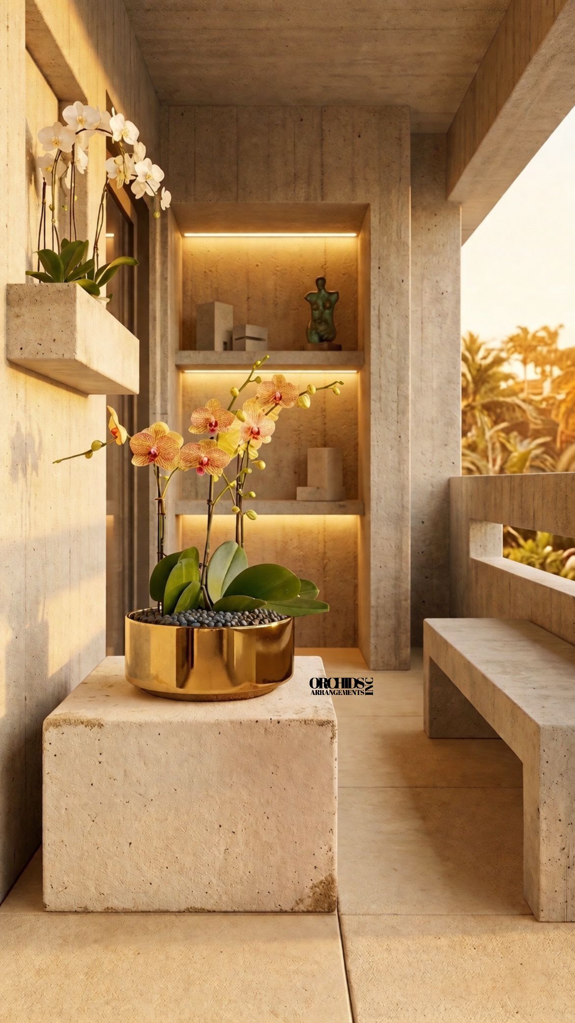 Peach Phalaenopsis Orchid – Executive Gift - This elegant Triple Peach Phalaenopsis Cascade orchid arrangement creates a striking vertical presence, making it ideal for grand interiors and modern living spaces with a vase 12" D X 5" T. 