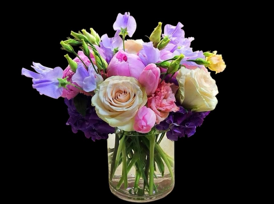 '''Broadway''' - lisianthus,  tulips hydrangea purple sweet pea  other flowers
