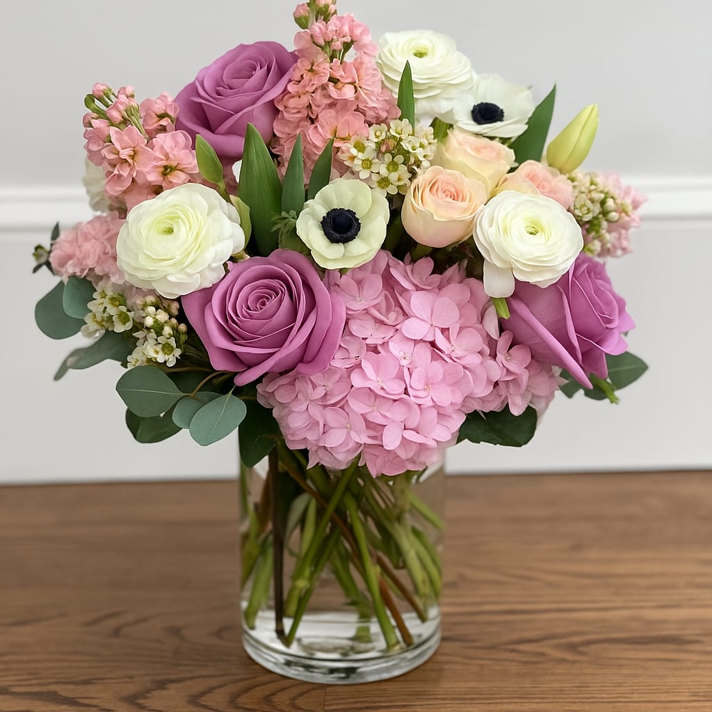 Dreamlover - Dreamlover — A romantic and feminine floral arrangement that exudes elegance and charm. Featuring soft pink hydrangeas, lavender roses, creamy ranunculus, and delicate white anemones, Dreamlover is the perfect blend of pastel tones and graceful textures. Designed in a clear glass vase, this arrangement brings a touch of timeless beauty to weddings, anniversaries, or any special occasion. Handcrafted with care by our San Francisco florist for same-day delivery.