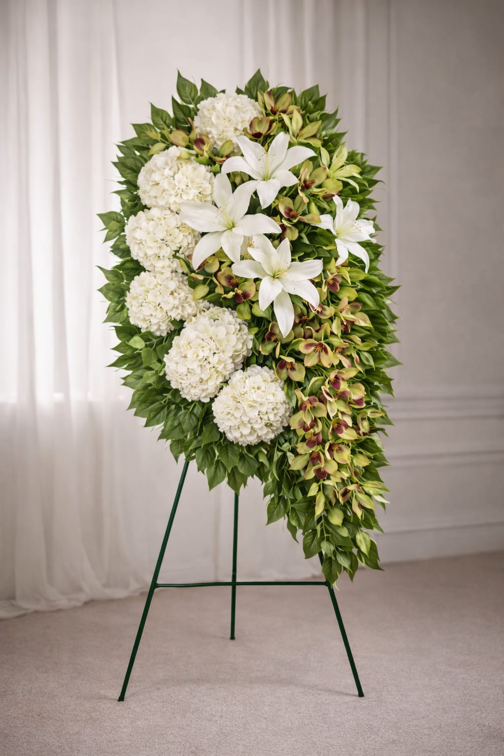 Serenity Garden Standing Easel Spray (Silk)  - The Serenity Garden Standing Easel Spray is an elegant silk funeral arrangement featuring white hydrangeas, white lilies, and green cymbidium orchids designed in a graceful cascading style. This timeless sympathy spray offers a clean and modern tribute that symbolizes peace, remembrance, and love. Perfect for funeral services, memorial ceremonies, and celebration of life events. Floral Concepts proudly offers high quality sympathy and funeral flower arrangements in Houston with dependable service and professional presentation.
