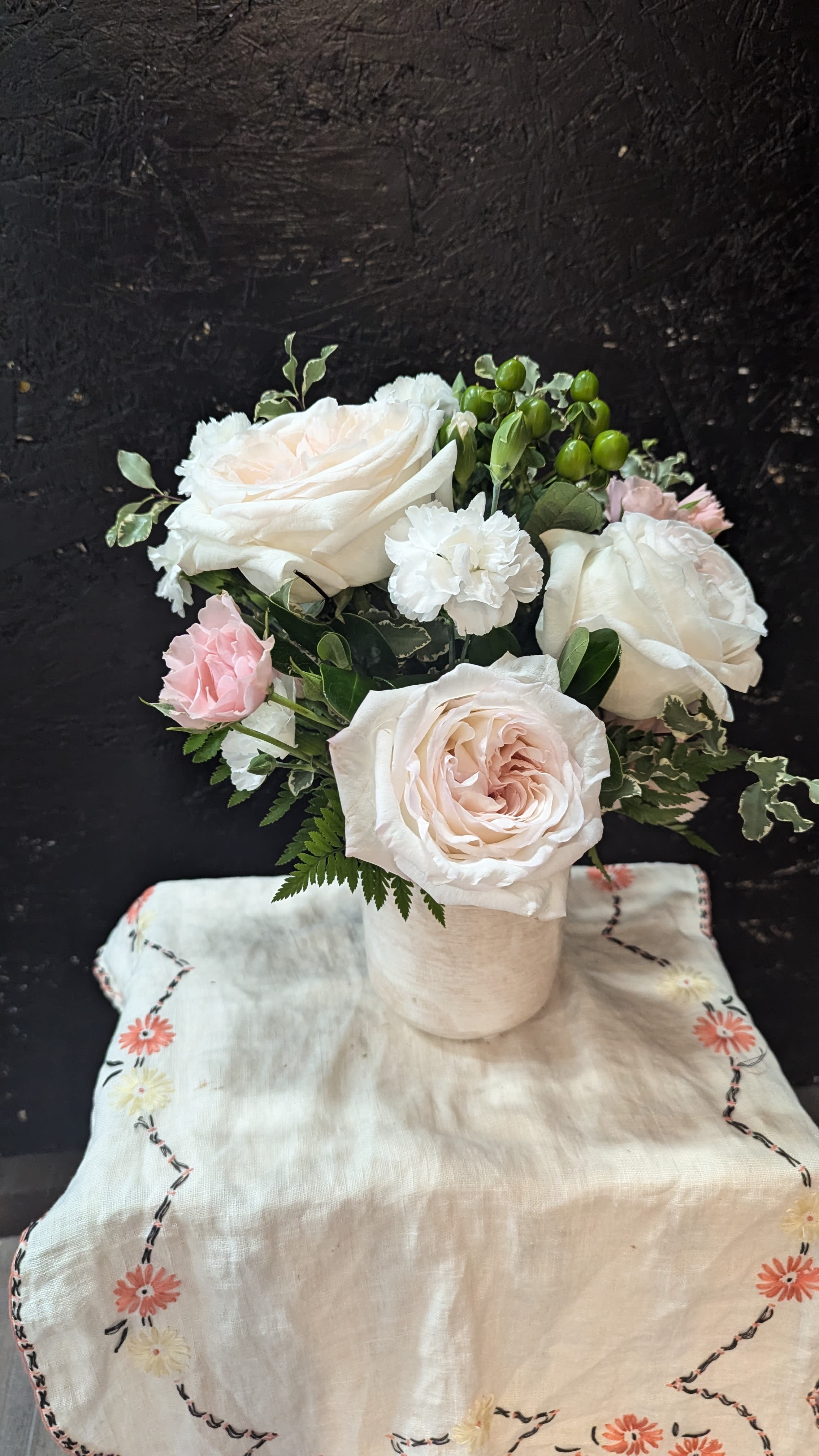 Simply Pure - Ceramic vase with pink roses, carnations &amp; Hypericum berry with an assortment of greens