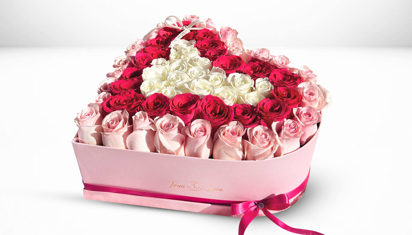 Heart-shaped box of pink, red, and white roses with a ribbon bow
