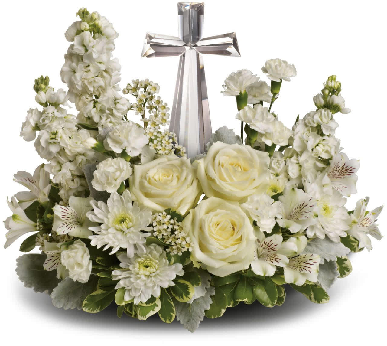 White Floral Crystal Cross  - White florals flanked by a beautiful keepsake crystal cross 