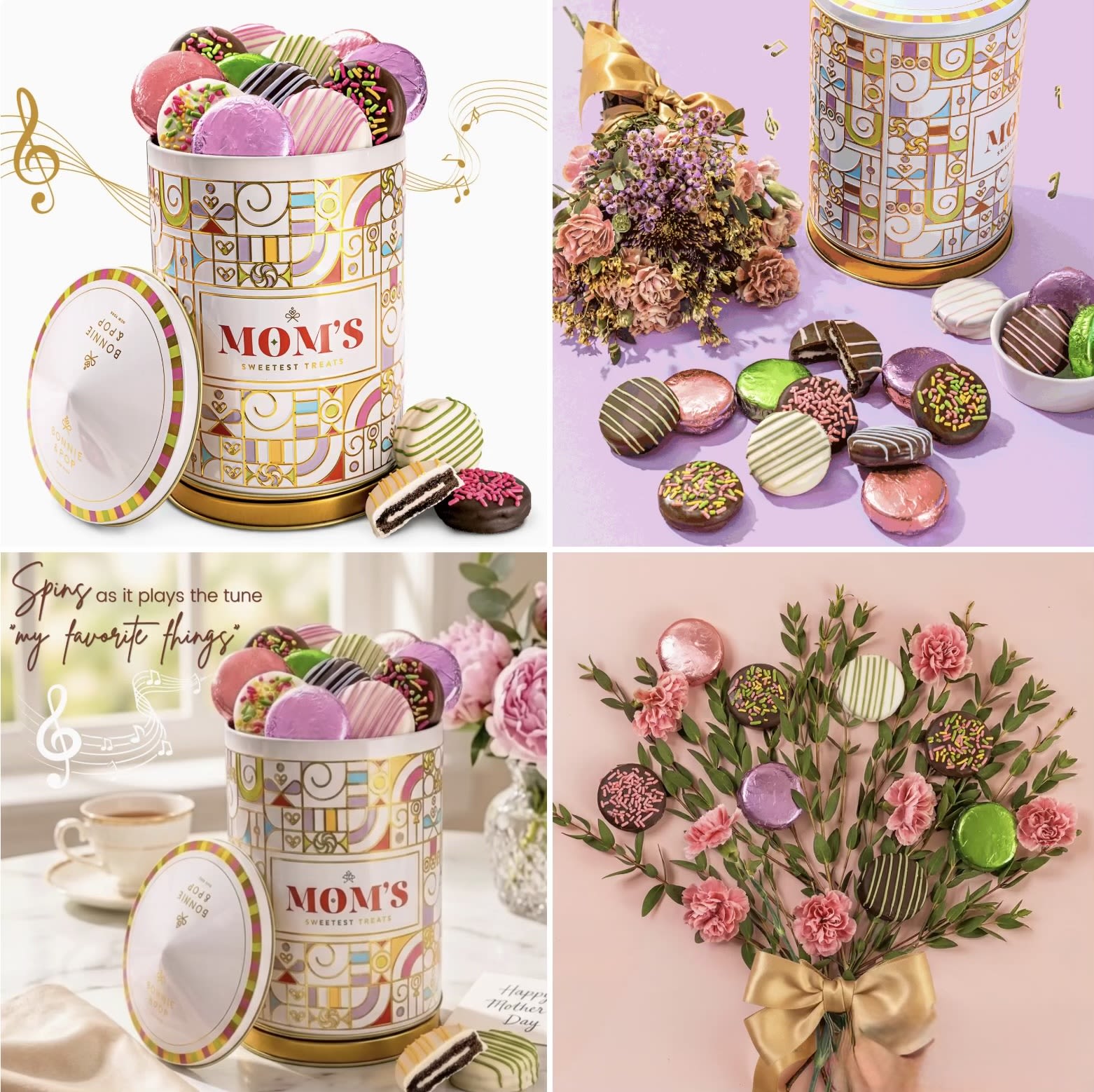 Musical Rotating Carousel with Chocolate Covered Oreos - More than just a chocolate gift—this elegant tin spins gently while playing music, making it a keepsake she can display long after the treats are gone. A perfect gift for mom, grandma, or wife that feels personal and special. This rotating carousel plays “My Favorite Things”, creating a heartfelt and memorable gifting experience for Mom.   