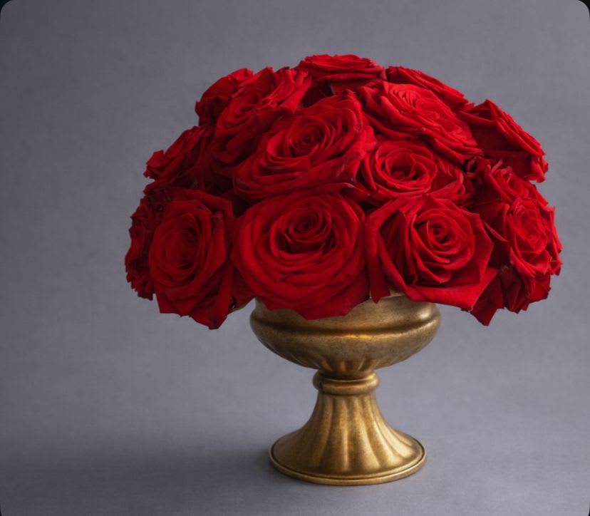 Red roses arranged in a gold pedestal vase
