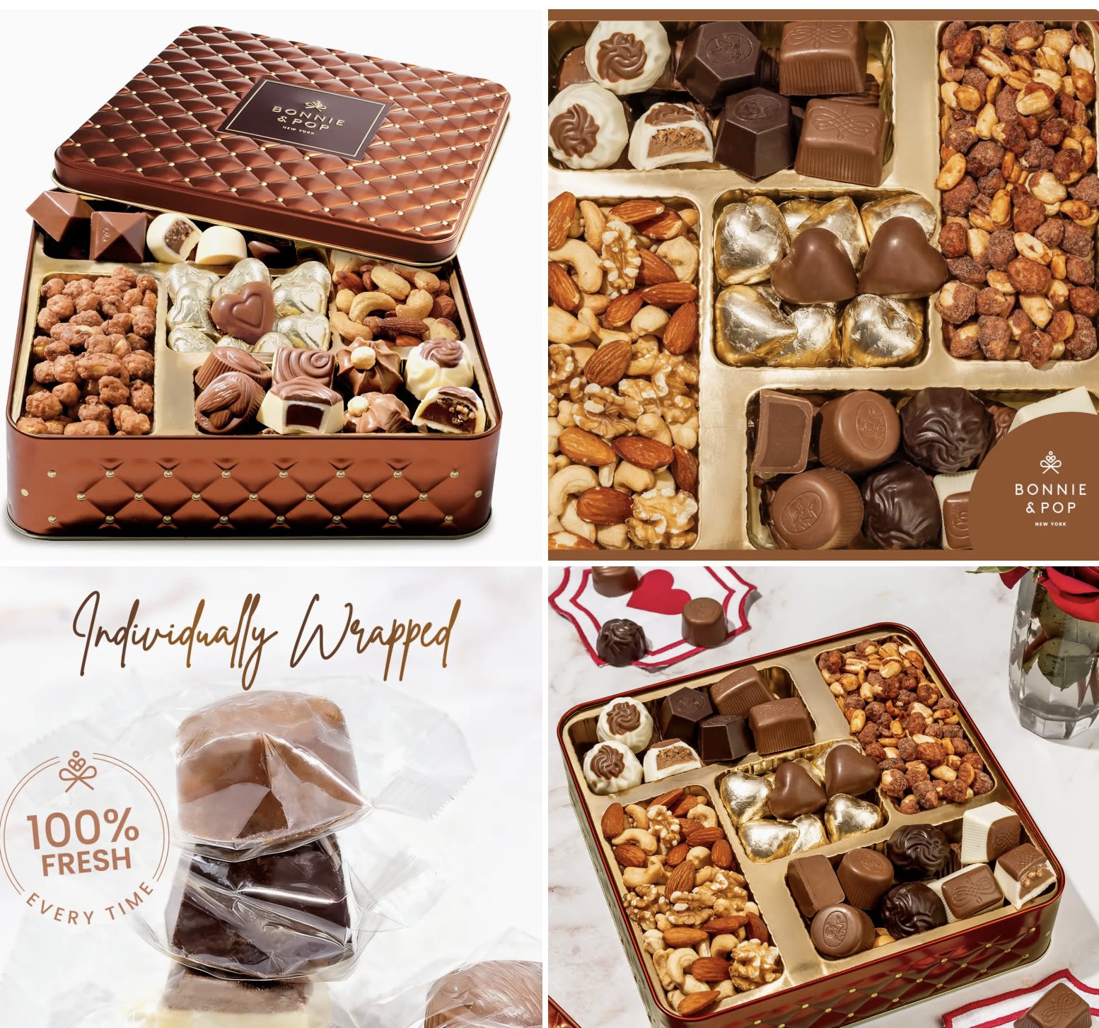 Love You Choco-Lot Tasting Box - Can't decide between healthy nuts and delicious chocolates? Choose the gift that has both!  Whats Included:  Toffee Peanuts Salted Mixed Nuts Milk Chocolate Foiled Hearts Hazelnut Silk Crunch Truffles  Cocoa Praline Truffles Dark Chocolate Ganache Truffles Caramelized Nutty Swirl Truffles Silken Coconut Bliss Truffles  Hazelnut Noir Crunch Truffles 