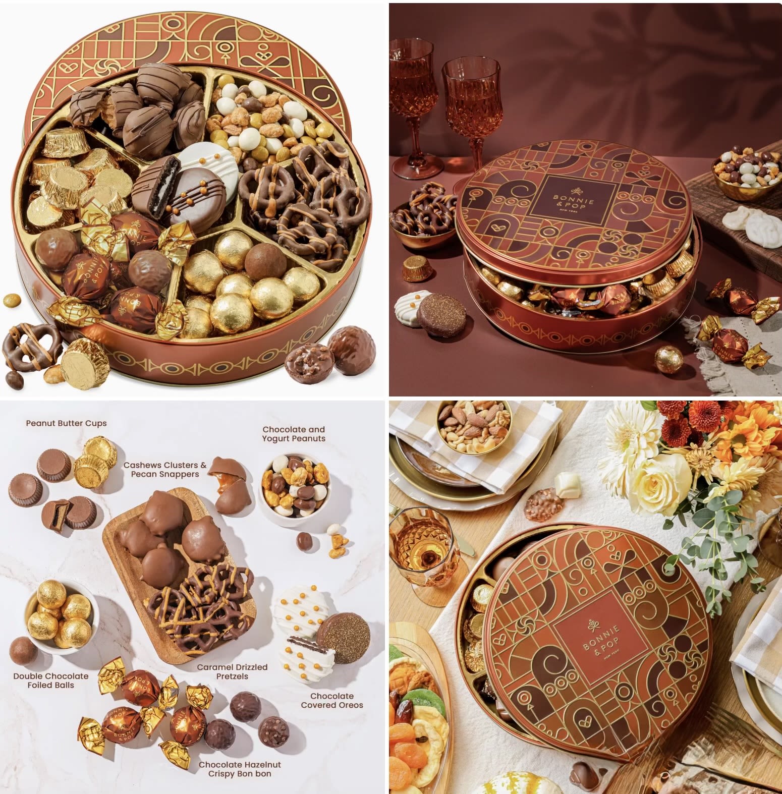 Seven Treat Assortment - Celebrate any occasion with this vibrant gift — a striking copper keepsake tin brimming with premium treats. Inside, you’ll find caramel-drizzled pretzels, Belgian chocolate truffles, dark chocolate peanut butter cups, pecan snappers, cashew clusters, chocolate-covered Oreos, and more. Each treat is individually wrapped for freshness and easy sharing.  