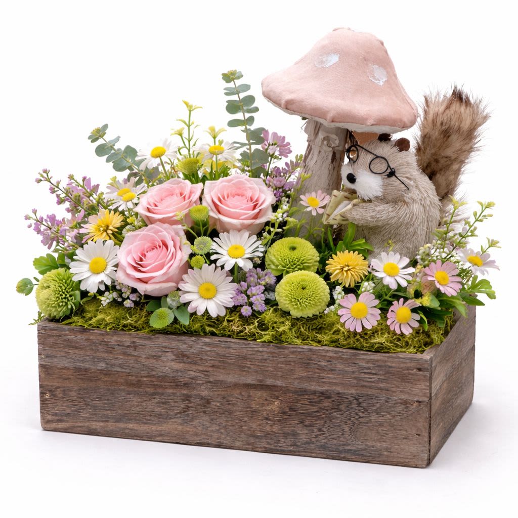 Pink roses and daisies in a wooden box with a small squirrel figurine