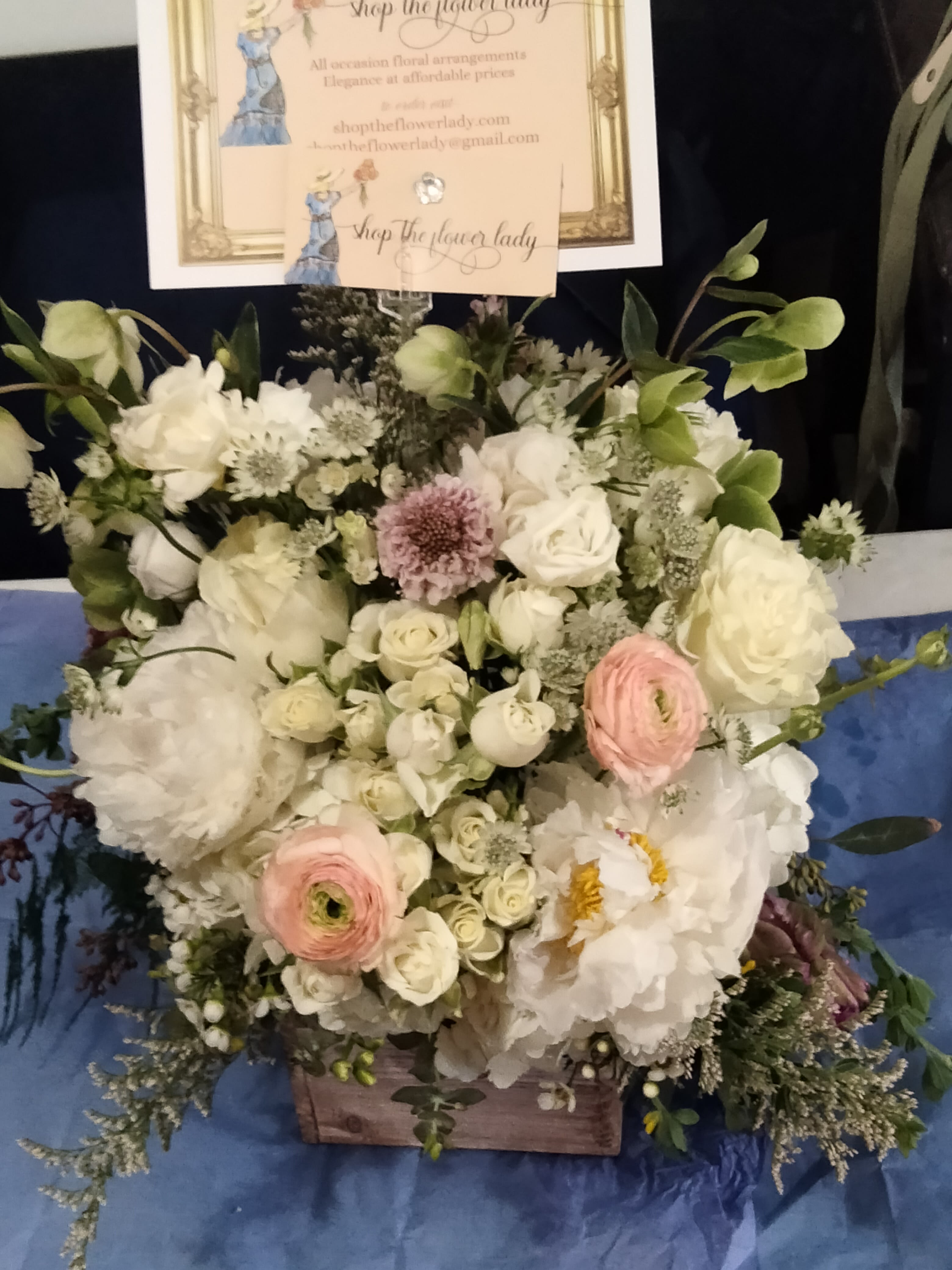Rustic Elegance - Delicate arrangement of premium roses, peonies, hydrangea, astrantia,  ranunculus,  spray roses, tweedia, ivy and scabiosa in a rustic wooden box