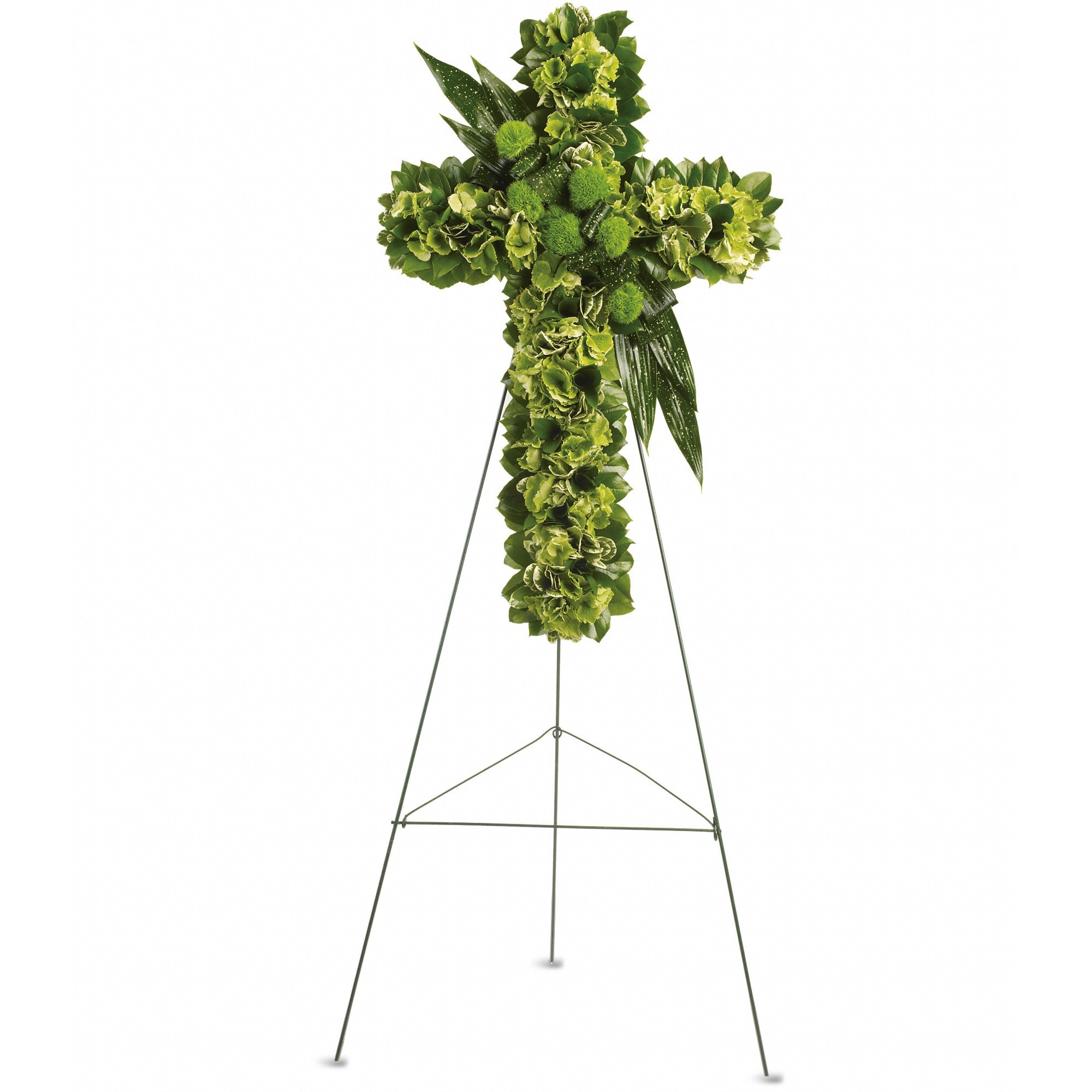 Green floral cross on a metal easel stand