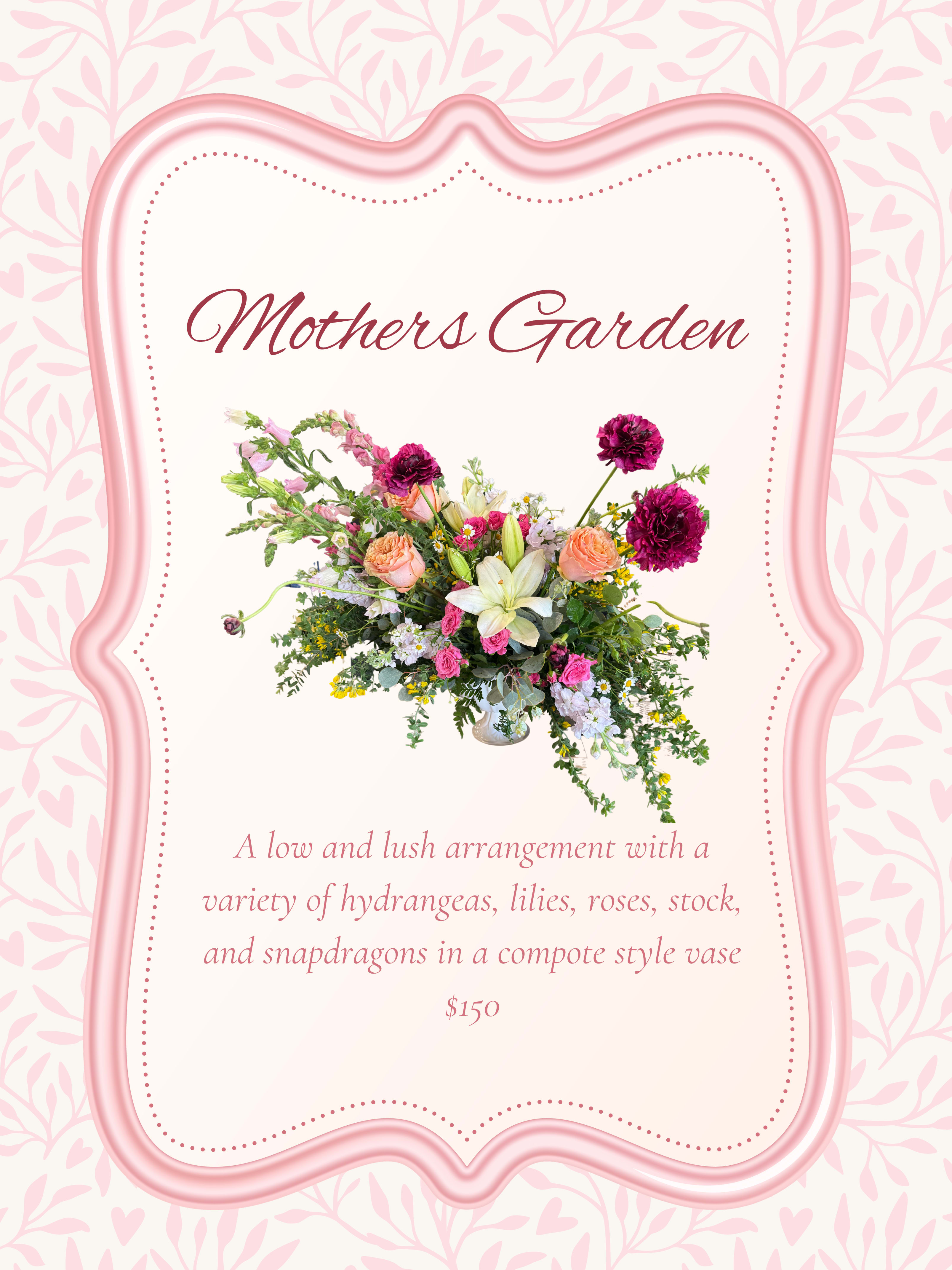 Mothers Garden - A low and lush arrangement with a variety of hydrangeas, lilies, roses, stock, and snapdragons in a compote style vase