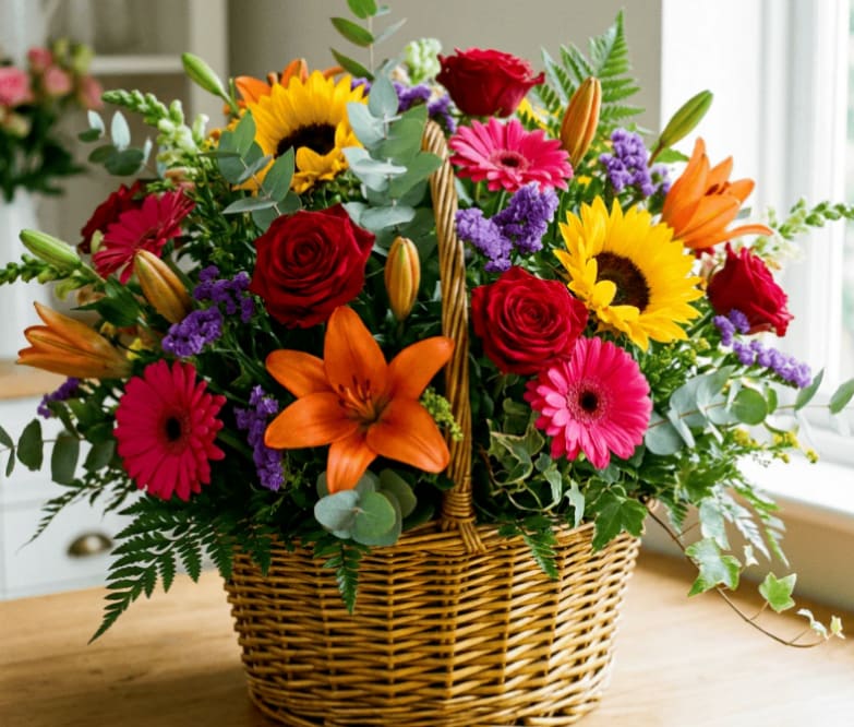 Vibrant Garden Basket – Fresh Mixed Flower Arrangement - Brighten any space with this stunning handcrafted garden basket, designed with a vibrant mix of fresh, premium blooms. This arrangement features radiant sunflowers, elegant red roses, bold orange lilies, cheerful gerbera daisies, and soft accent flowers, all beautifully arranged with lush greenery in a classic woven basket.  Perfect for birthdays, Mother’s Day, anniversaries, or just because—this eye-catching design brings warmth, color, and joy to any occasion. Each basket is thoughtfully arranged to give a full, luxurious look that feels both fresh and natural.   Why customers love it:  Fresh, high-quality flowers Long-lasting blooms with proper care Bright, colorful, and full arrangement Hand-designed for a unique, one-of-a-kind look   Available for local delivery and pickup at Cocofreshflowers  Same-day options may be available