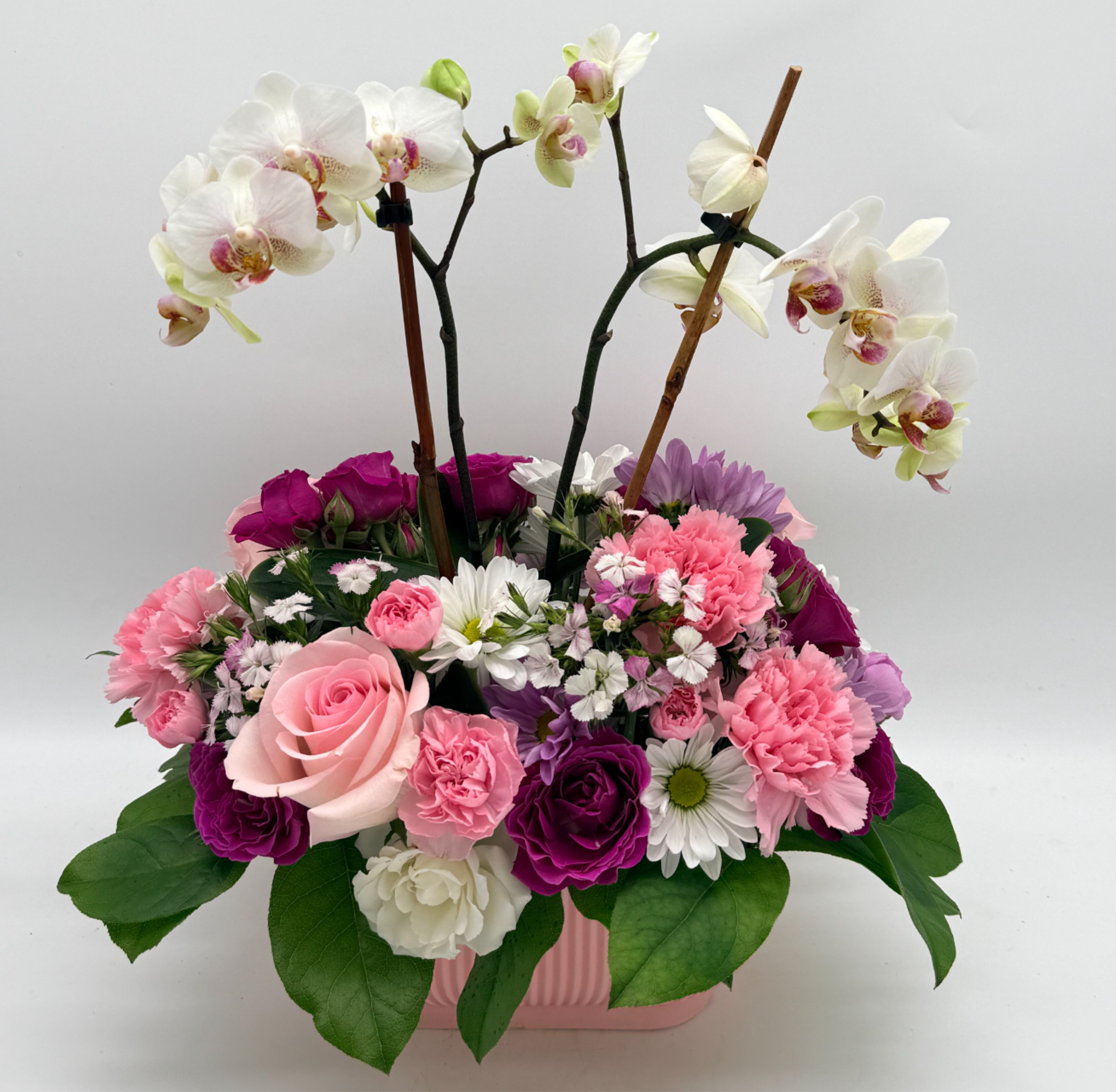 Orchid Princess Garden - This dainty arrangement features a graceful small phalaenopsis orchid surrounded by a garden of blooms. Designed in a small pink ceramic vase(4x8x4) with fresh greenery.  Shades and blooms may vary slightly, adding to its unique beauty.