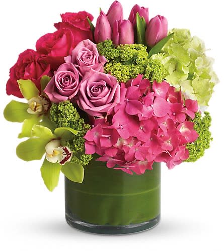 New Sensations - Upscale and uptown. This fantastic arrangement is a beauty and a half to behold. Overflowing with gorgeous blossoms and delivered in a leaf-lined cylinder vase it's truly a floral fantasy. Green and pink hydrangeas green cymbidium orchids hot pink and lavender roses tulips and more are beautifully arranged in a large clear glass cylinder vase.Approximately 13" W x 14" H Orientation: All-Around As Shown : T82-3ADeluxe : T82-3BPremium : T82-3C