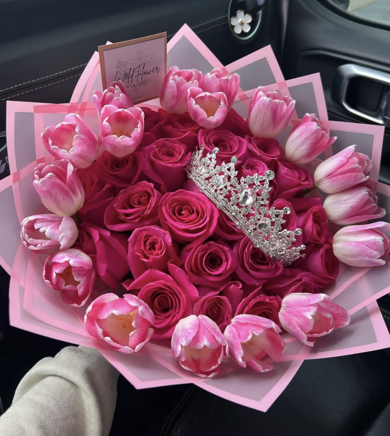 Pink rose bouquet with tulips and a jeweled tiara