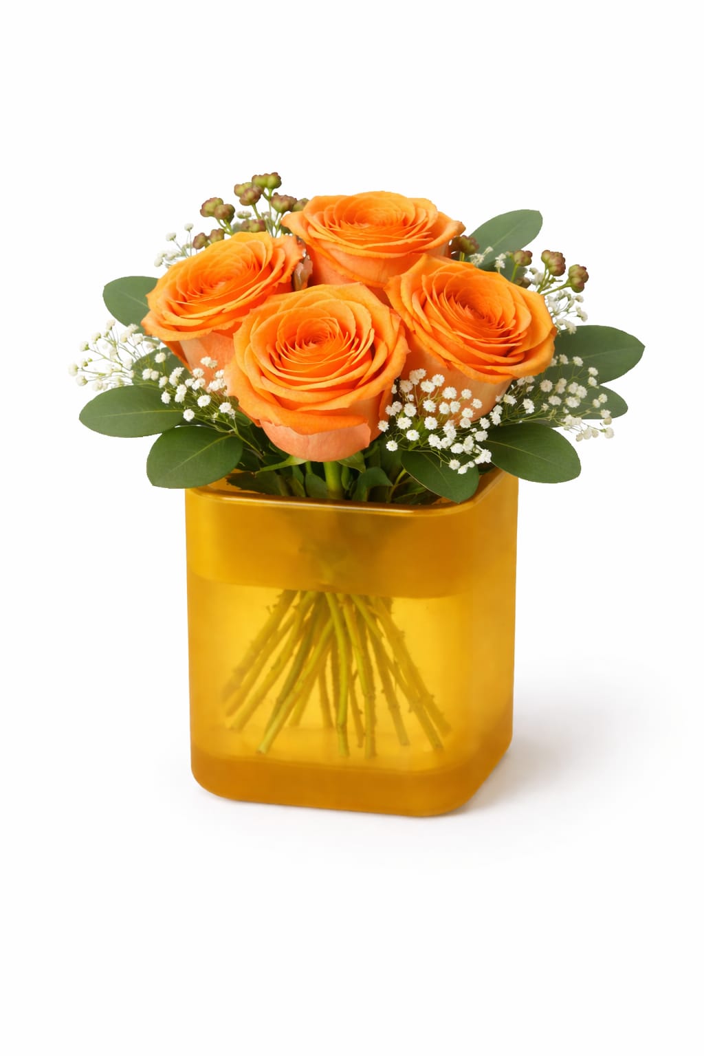 Designer’s Choice Square Rose Vase - A charming flower arrangement featuring four premium roses, accented with delicate filler blooms and fresh greenery. Thoughtfully designed in a modern square glass vase that showcases the natural beauty of the stems, this design is simple, elegant, and perfect for everyday gifting.  Each arrangement is Designer’s Choice, carefully created with fresh seasonal blooms. Flower varieties, vase style, and color tones may vary based on availability while preserving the overall style, palette, and quality.  Perfect for Mother’s Day, birthdays, thank you gestures, expressions of love, thinking of you, friendship, or a sweet and thoughtful everyday surprise.  Same day flower delivery available in Southwest Florida, including Naples, Bonita Springs, and Fort Myers Beach.