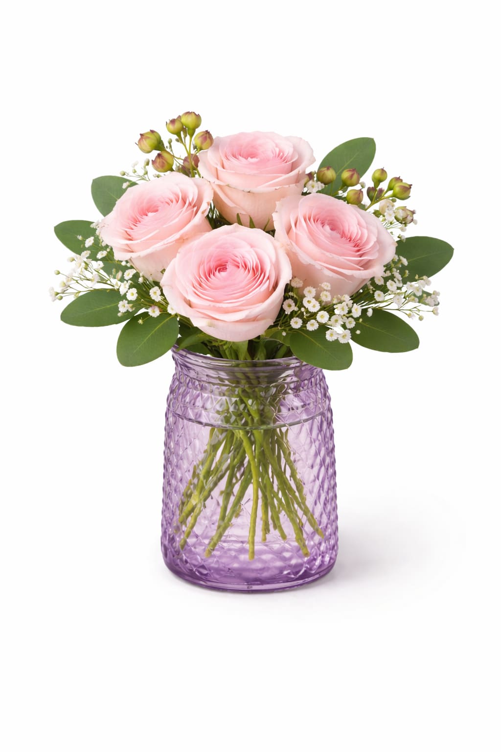 Signature Rose Vase Designer’s Choice Arrangement - A charming and elegant arrangement featuring four premium roses, beautifully accented with delicate baby’s breath and fresh greenery for a soft, natural touch. Designed in a modern textured vase that allows the stems to be visible, creating a fresh and contemporary presentation perfect for everyday gifting.   Better For: Spring, Mother’s Day, Women’s Day, Birthdays, Thank You, Love, Thinking of You, Friendship, Yellow Flower’s Day.   Flower varieties, vase style, and color tones will be selected by our florist and may vary depending on seasonal availability. Our designers will carefully create a beautiful arrangement inspired by the same overall style and spring color palette.