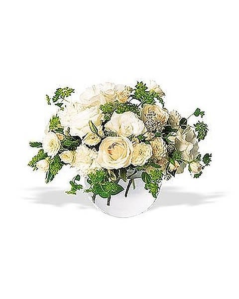 Transcendence - A stylish bubble bowl filled to the brim with white roses and carnations is simply right for every occasion. 