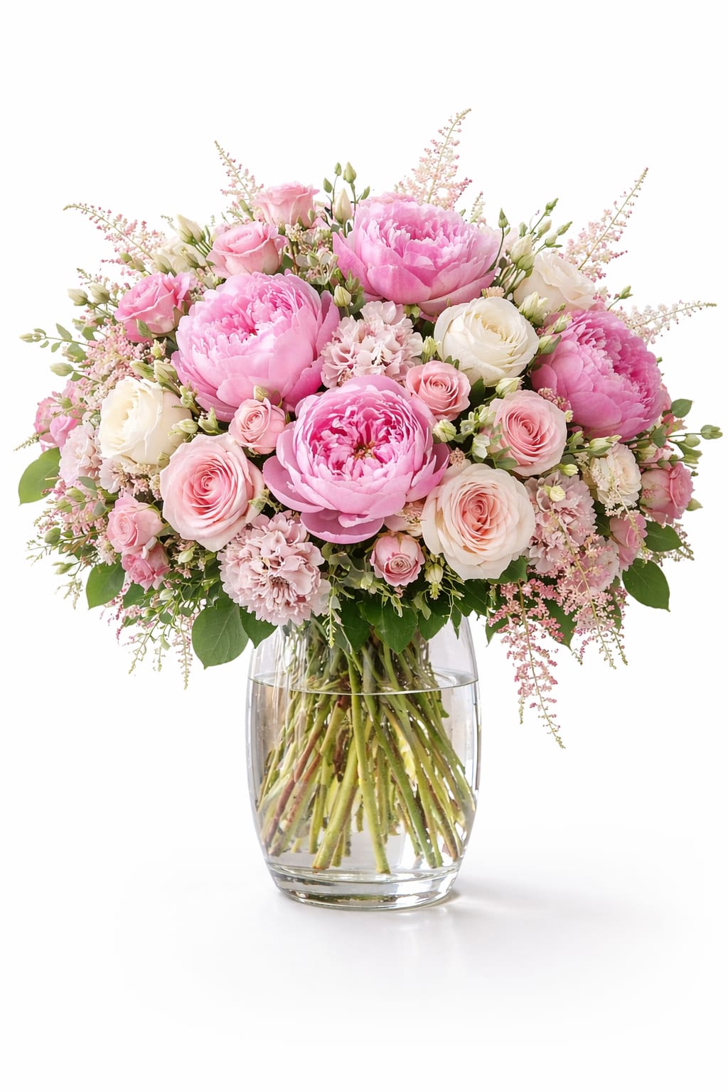 Pink Whisper Luxury - A lush cascade of pink peonies and blush-to-ivory roses makes this flower arrangement an irresistibly romantic choice for an anniversary bouquet, Mother's Day gift, or a spring wedding centerpiece. The Pink Whisper Luxury arrangement reads soft and celebratory-perfect for the person you want to make feel adored, seen, and gently celebrated.  This full, rounded bouquet pairs large, pillowy peonies with garden roses and delicate dianthus in a pastel mix of pinks, whites, and fresh greens. Small pink filler blooms and airy branching accents add texture and a natural, garden-style silhouette, all gathered in a simple clear glass vase that lets the stems show and keeps the look light and elegant. The overall effect is feminine and fresh, with soft color transitions and a plush, touchable texture.  Made to arrive ready-to-display, this arrangement suits table centers, bedside bouquets, or a thoughtful delivery to mark a special day-she'll feel truly cherished receiving these blooms. Simple care: place in fresh water, trim stems occasionally, and keep out of direct heat to extend the life of the flowers.
