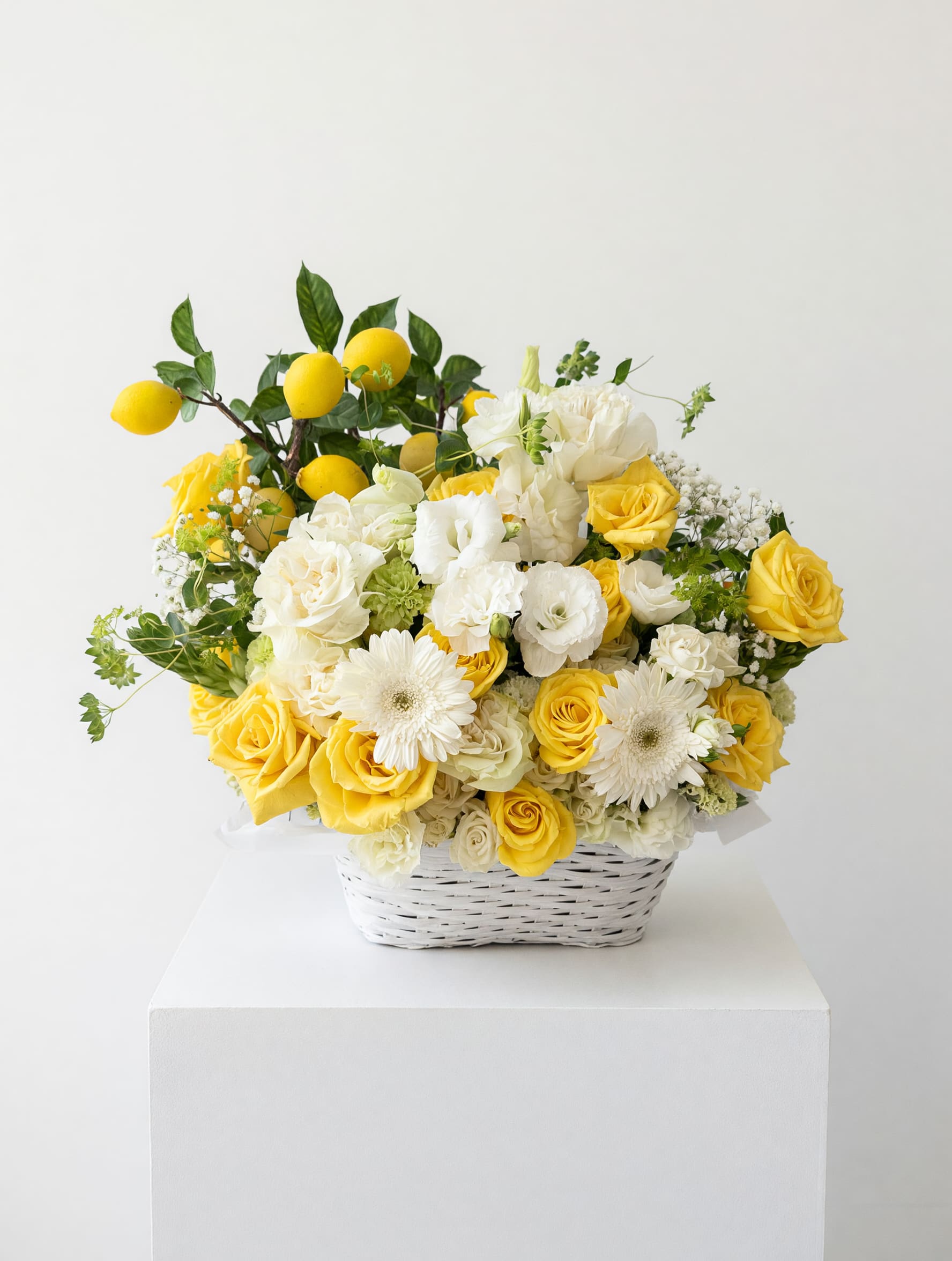 Almafi - Bright yellow roses paired with creamy white roses and crisp white gerbera daisies give this flower arrangement a sunny, uplifting presence perfect for a spring birthday bouquet, cheerful housewarming gift, or a warm thank-you arrangement. The lemon branches with glossy green leaves rise playfully from the back, adding a citrus-inspired accent and an airy, whimsical silhouette that makes the recipient feel genuinely brightened and seen.  Set in a low white wicker basket, the Almafi arrangement mixes saturated yellow, soft cream, and fresh green for a clean, breezy look. Alongside roses and gerbera daisies, delicate white lisianthus and clusters of small white filler flowers add soft texture and fullness, while the wicker base keeps the design casual and welcoming. The compact, low profile is easy to display on a table or counter and reads as an everyday gift that still feels thoughtfully composed.  Ideal for the person who loves sunny, natural touches-neighbors, new homeowners, or someone celebrating a small but meaningful moment-this arrangement arrives ready to display. Lightly mist blooms and keep away from direct heat to extend freshness; if you'd like a larger or smaller size, contact us for custom sizing.