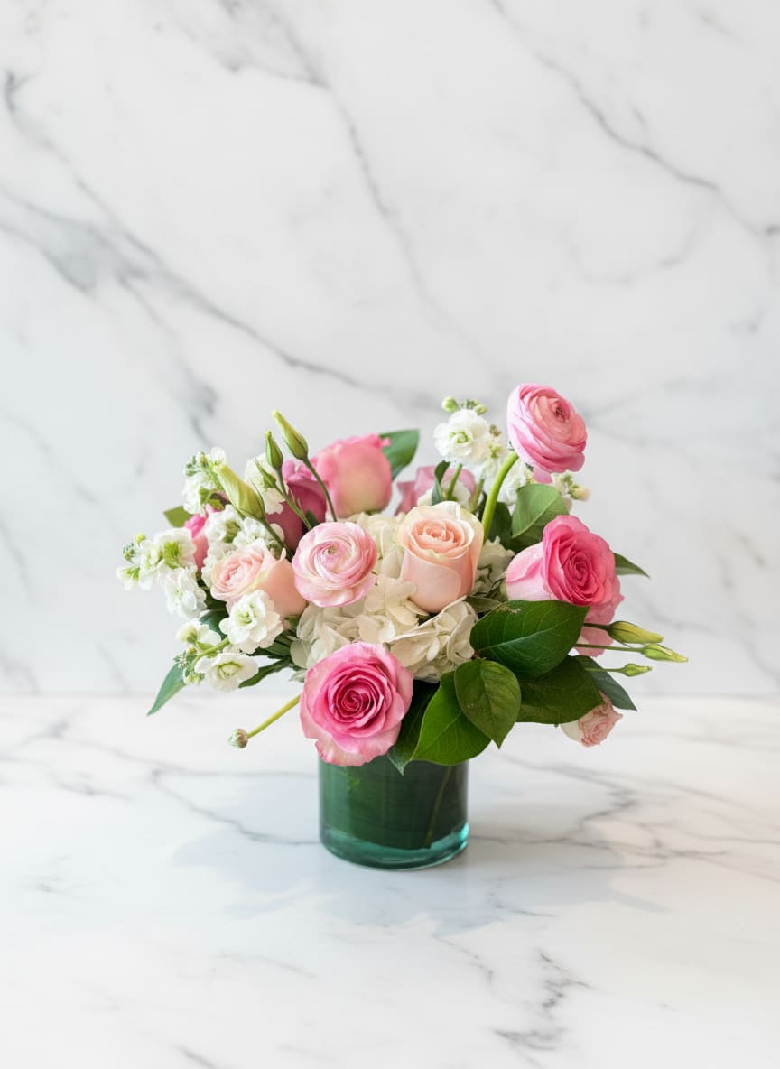 Blush Garden  - Soft pink and white blooms arranged in an elegant, fluted glass vase. Feminine favorites such as hydrangea, roses and ranunculus are designed in effortlessly graceful display.  approx. 12x8 