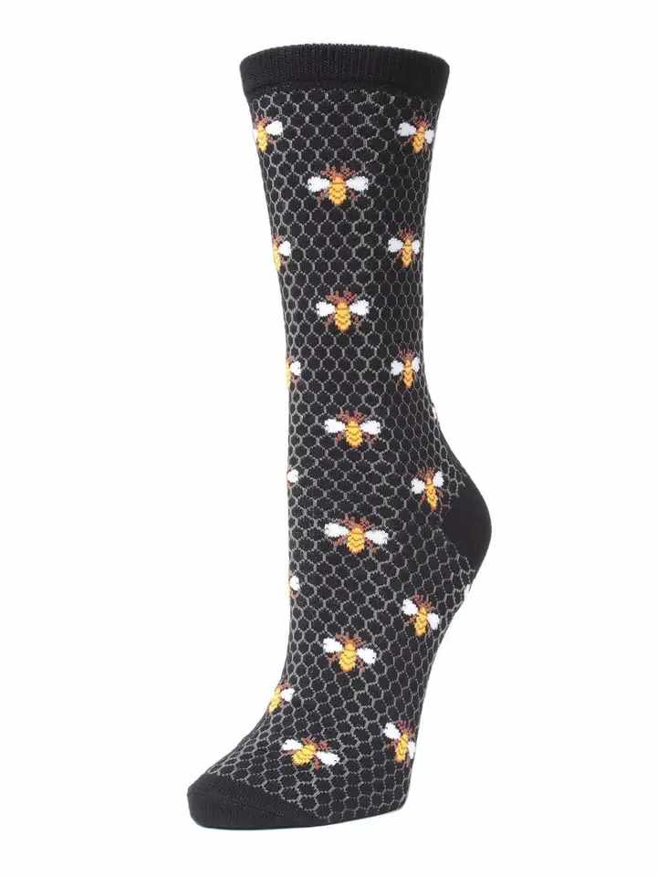 Black sock with a repeating bee pattern