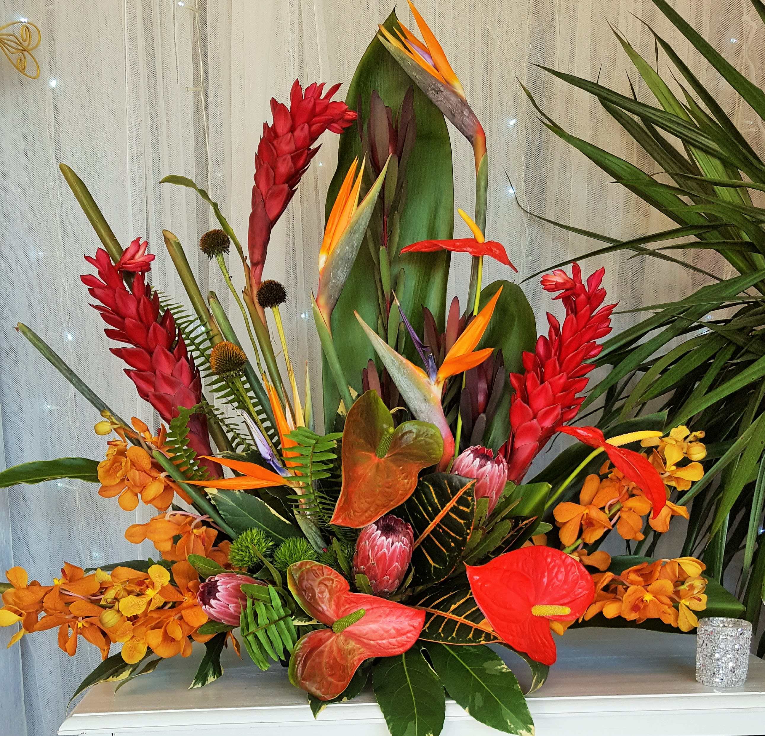Tall tropical arrangement with red ginger, orange orchids, birds of paradise and red anthuriums