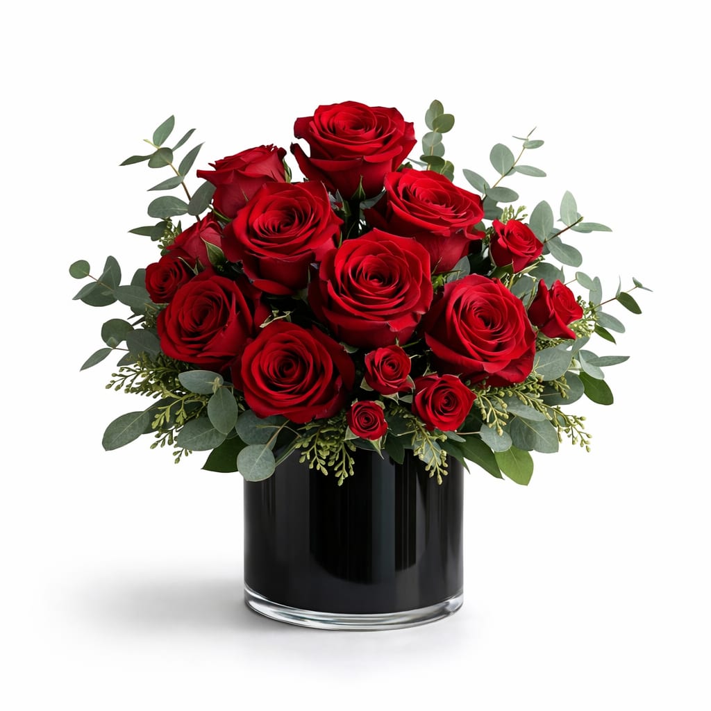 Scarlet Luxe - A dramatic cluster of velvety red roses set against glossy black glass makes a bold statement for an anniversary bouquet or Valentine's Day gift. Midnight Romance reads as classic and romantic-the rich red blooms and deep green eucalyptus-style foliage create a lush, rounded silhouette that feels intimate and polished for the person you want to make feel truly cherished.  Each arrangement is built with full, layered red roses and fine filler greenery arranged tight and abundant in a sleek black glass vase, giving strong red-and-green contrast and a modern, timeless look. The compact, rounded shape keeps stems supported and showcases the rose heads for maximum visual impact.  Perfect for anniversaries, romantic gestures, or a striking everyday surprise, this arrangement sends a clear message of affection and attention. Vase-ready on arrival, trim stems and refresh water every couple of days to keep the roses looking their best.
