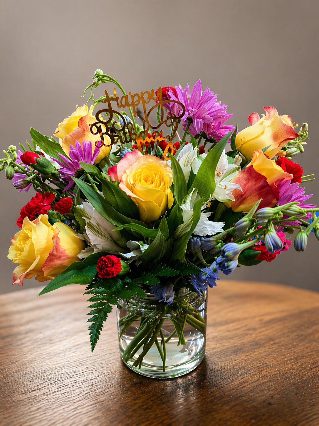 Golden birthday garden - A vibrant, medium-sized birthday arrangement featuring premium yellow roses, pink daisies, white alstroemeria, and accent blooms in a clear glass vase. Finished with a decorative “Happy Birthday” topper, this design feels bright, cheerful, and perfect for celebrations.