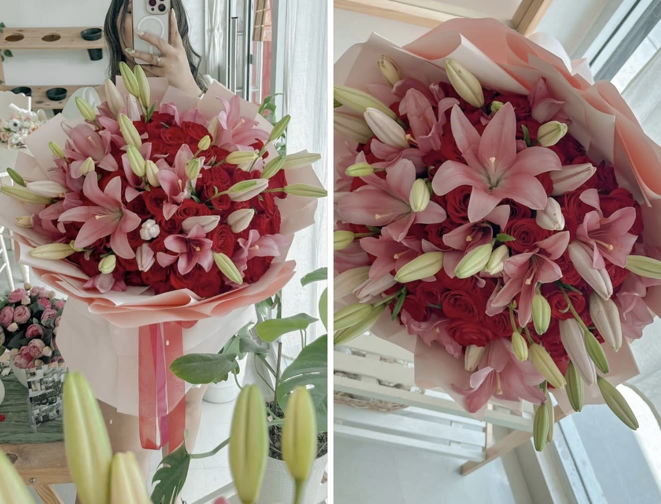 Pink lily and red rose bouquet wrapped in pale paper