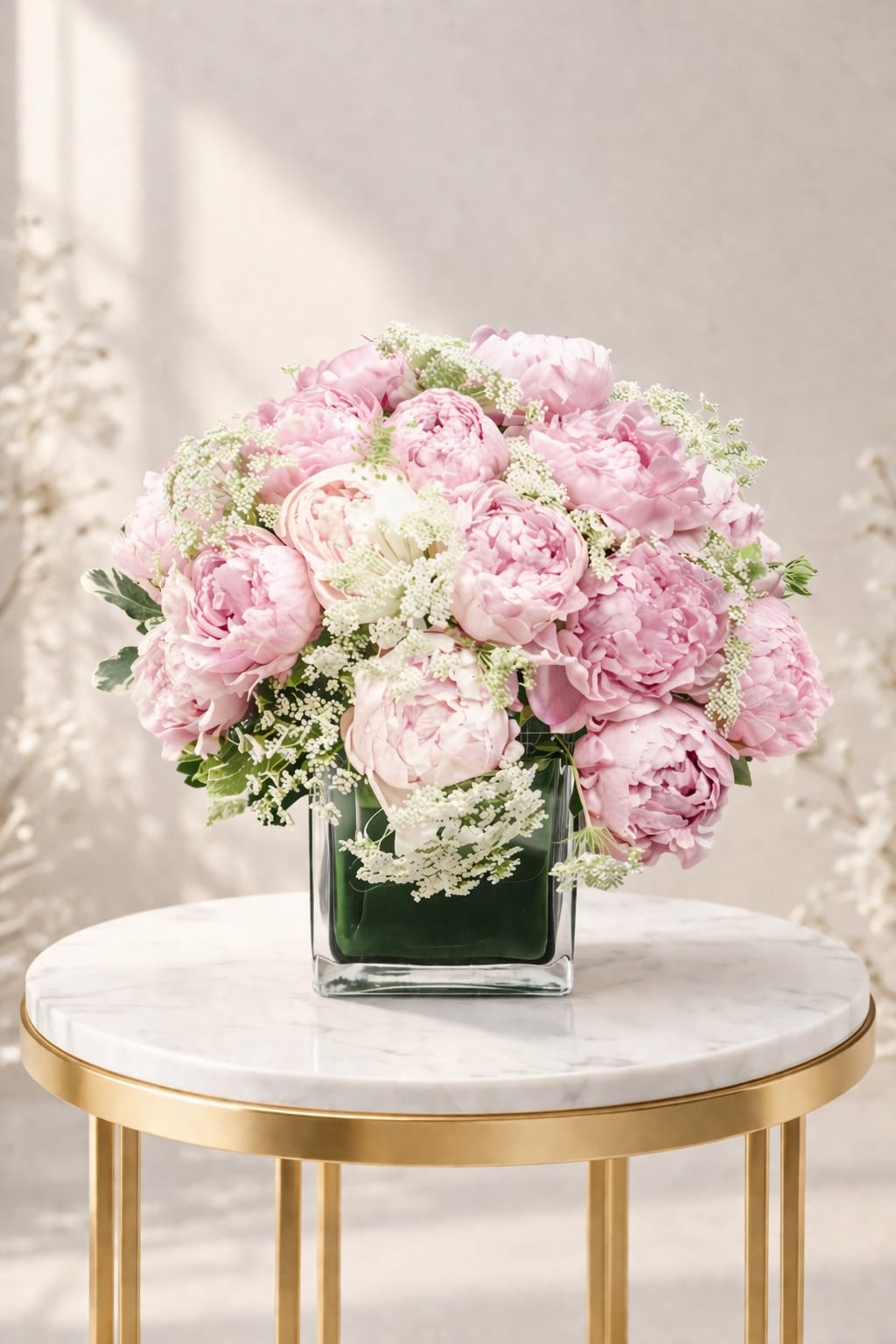 Peony arrangement - This arrangement is made with pink peonies and queen anna lace