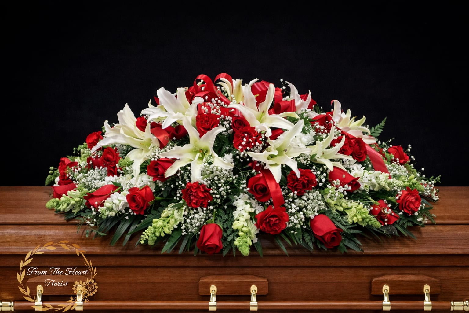 Roses and Lilies Casket (FC9) - This casket make with red roses, white lilies and white snapdragon 