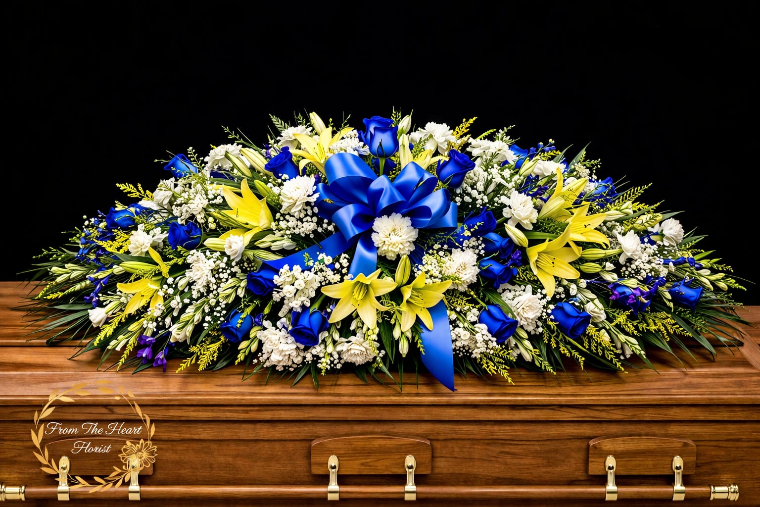 Blue roses and lily Casket (FC9) - This casket make with blue roses, yellow lilies and white carnation 