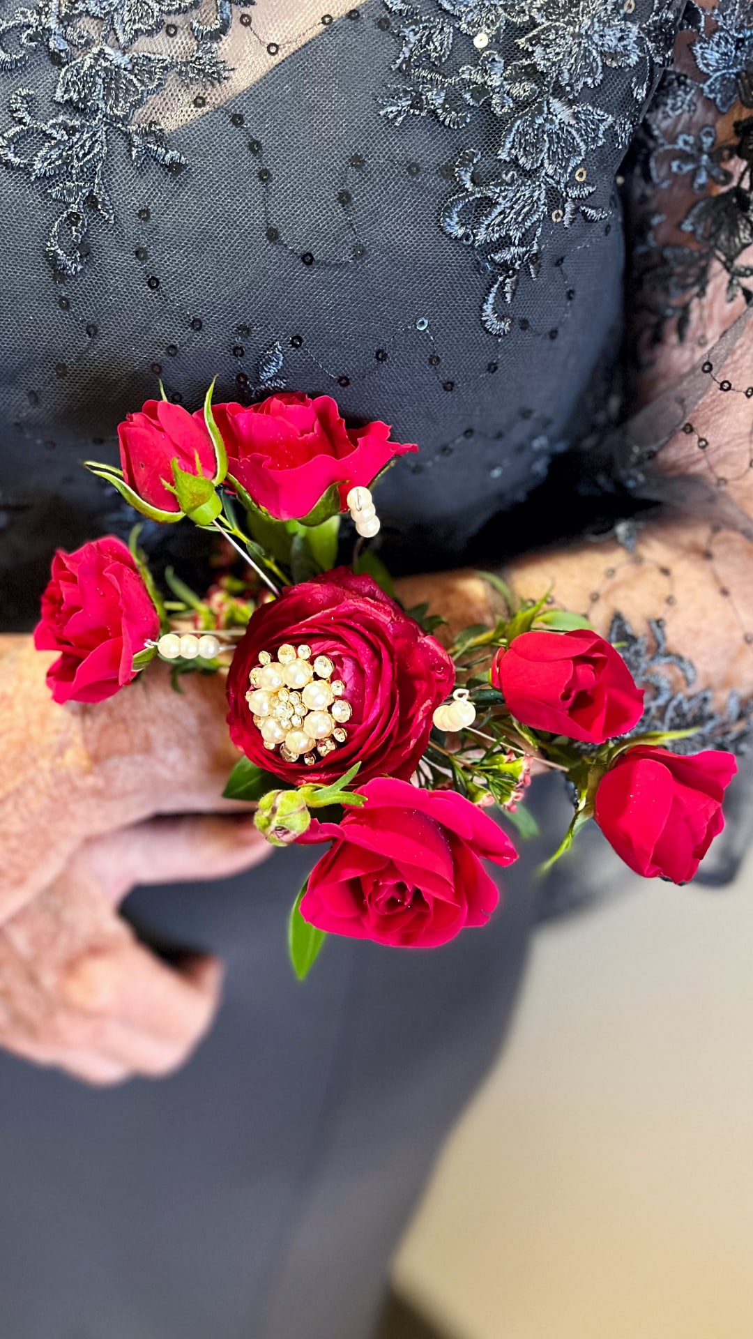 Wired Rose Corsage - Artfully designed Rose wrist corsage with designer accents on a beautiful silver cuff bracelet. 