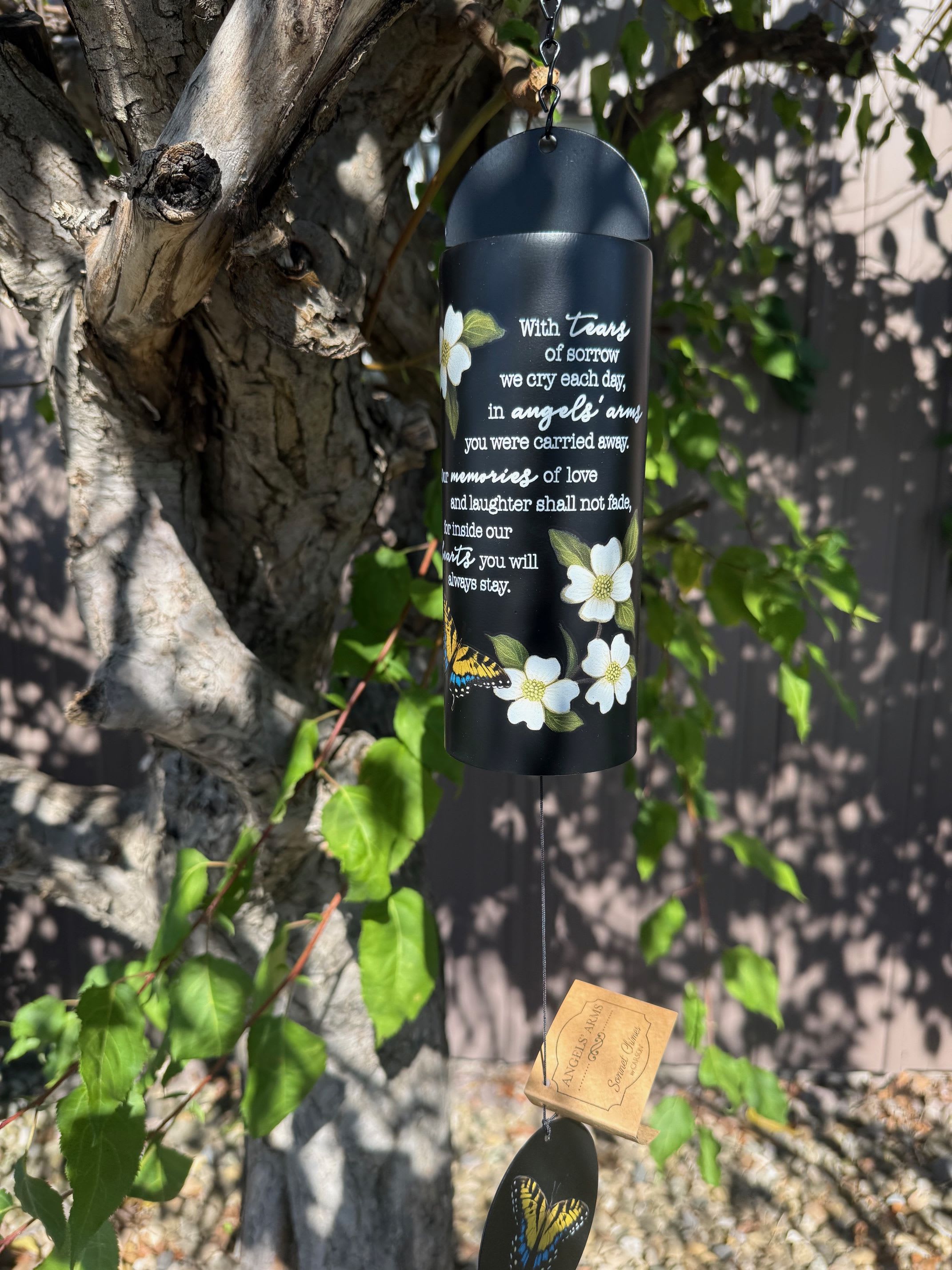 Wind Chime Angel's Arms Butterfly 22" Cylinder Sonnet Chime - "With tears of sorrow we cry each day, in angels' arms you were carried away. Our memories of love and laughter shall not fade, for inside our hearts you will always stay."