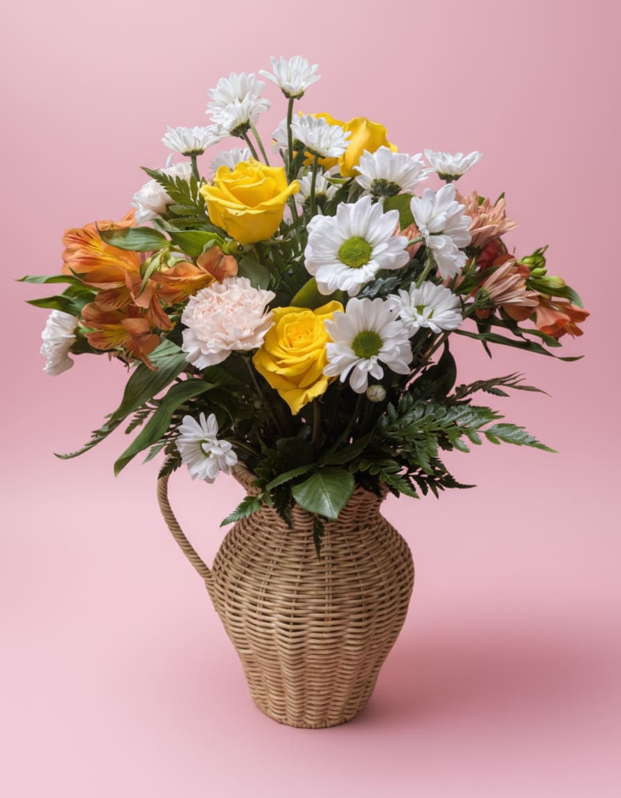 Fresh Fields - Inspired by blooming fields and longer days, Fresh Fields is arranged in a classic wicker pitcher and filled with white daisies, salmon cushions, yellow roses, peach carnations, and orange alstroemeria. A cheerful, garden-style arrangement perfect for welcoming spring into any space.  All flowers, floral colors, and containers are subject to change due to availability. 