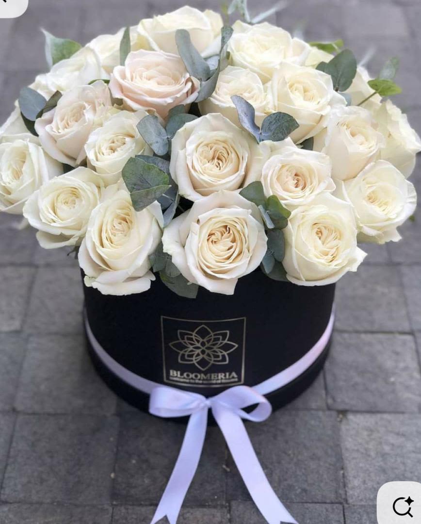 White roses arranged in a black round box with a lavender ribbon