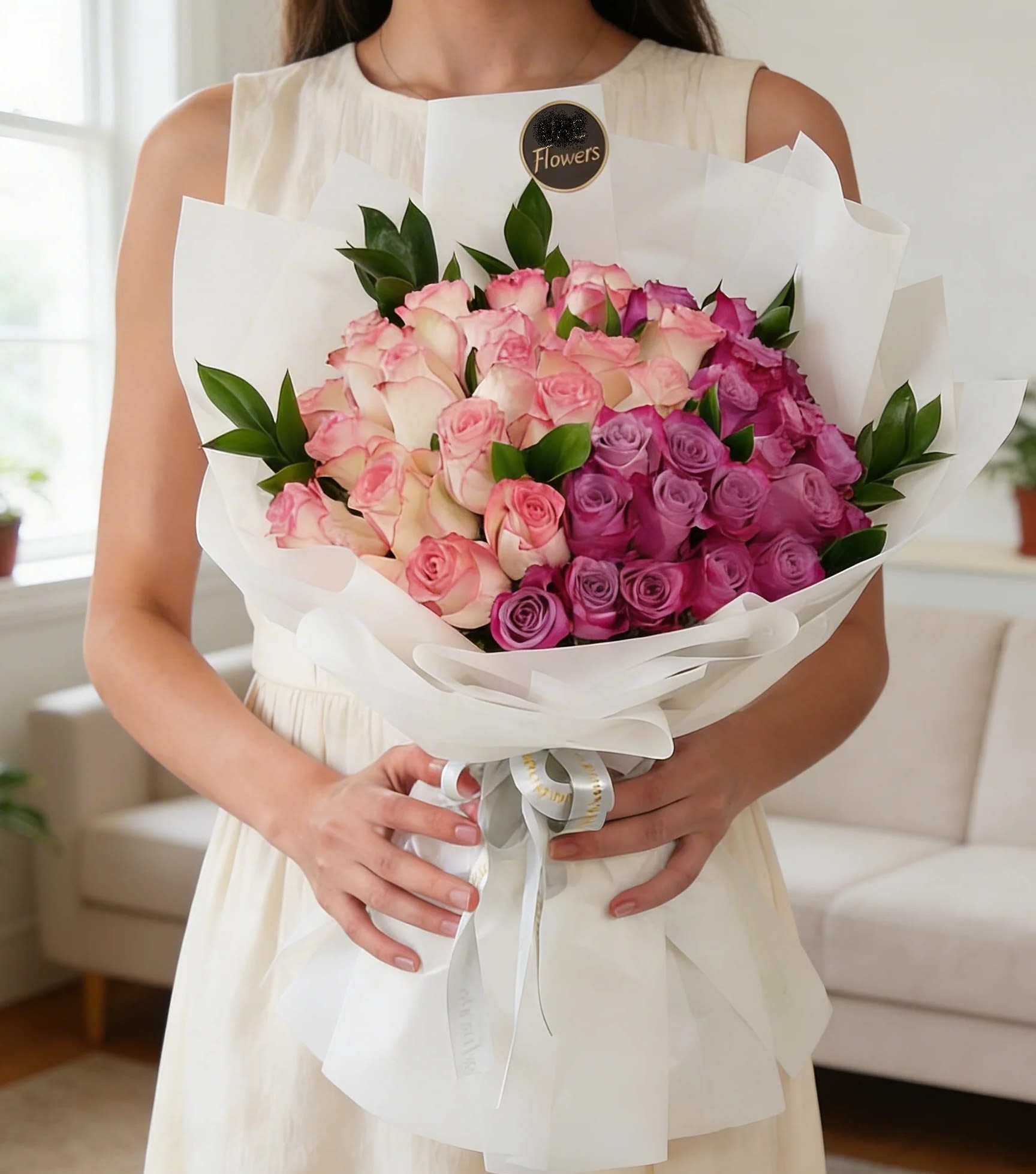  luxurious  Purple &amp; Pink Roses  wrapped Bouquet - A stunning and elegant bouquet featuring 50 purple and pink roses, beautifully accented with fresh green fillers and wrapped in refined white wrapping paper. This luxurious arrangement blends vibrant charm  , creating a graceful floral gift that is perfect for celebrations,  gestures, or memorable surprises.