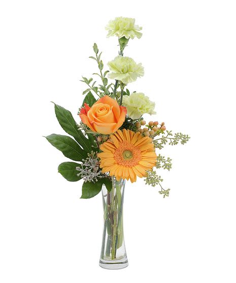 Sunrise Sherbert Arrangement - This floral arrangement is a vertical, bud-style bouquet featuring a vibrant mix of citrus tones and fresh greenery.