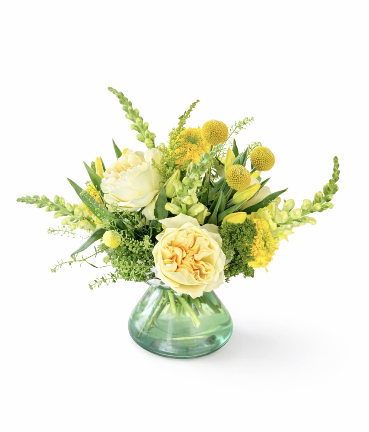 Lemon Drop - Pale yellow and creamy white roses mingle with sunny yellow chrysanthemums and tall snapdragon spikes in this cheerful springtime flower arrangement - perfect as a birthday bouquet or a bright "thinking of you" gift. The airy, asymmetrical design gives the recipient a fresh, uplifting impression: light, fragrant blooms that feel both elegant and joyfully spontaneous for celebrations or seasonal gifting.  The arrangement combines soft, creamy roses with vivid yellow mums and vertical snapdragons, accented by bright green foliage for contrast and texture. It's presented in a rounded green glass vase that anchors the composition and enhances the fresh, citrusy color story. The mix of rounded roses, textured chrysanthemums, and the snapdragons' upright form creates a lively silhouette that looks great on a dining table or bedside.  Made to feel effortless and welcoming, Lemon Drop is the kind of bouquet that makes someone feel seen and celebrated - whether for a birthday, springtime gathering, or just because. The design arrives ready to display in its green glass vase; to keep blooms at their best, refresh the water every few days and trim stems slightly when you change the water.