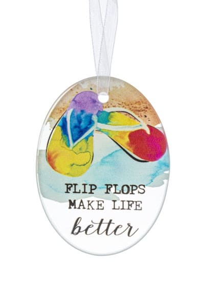 Oval hanging ornament with colorful flip-flops and the words "FLIP FLOPS MAKE LIFE better"