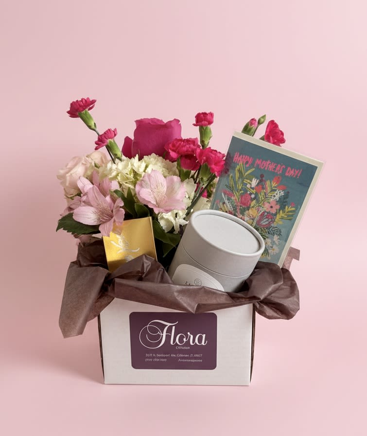 Mother's Day Flora Gift Bundle - Treat your Mom to our Mother's Day Gift Bundle Bundle. Our gift bundle includes: - A small flower arrangement in a Flora mug - DeBrand Milk Chocolate Bar - Scented Linnea's Lights seasonal double wick candle - Blank greeting card from Redcap cards (we can write a message in this for you if requested)  Mother's Day Delivery- Due to the volume of arrangements, delivery times can not be guaranteed over the Mothers Day holiday. We'd prefer not to leave arrangements outside so please let Mom know something is coming.
