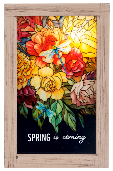 "Spring is Coming" Light up plaque - This cute little plaque stands 5 in tall and lights up. Perfect for any occasion.