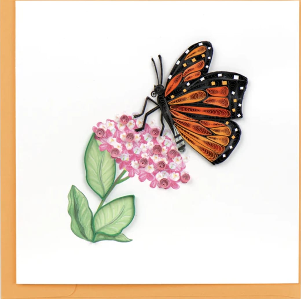 Greeting card with orange quilled butterfly on pink flowers and an orange border