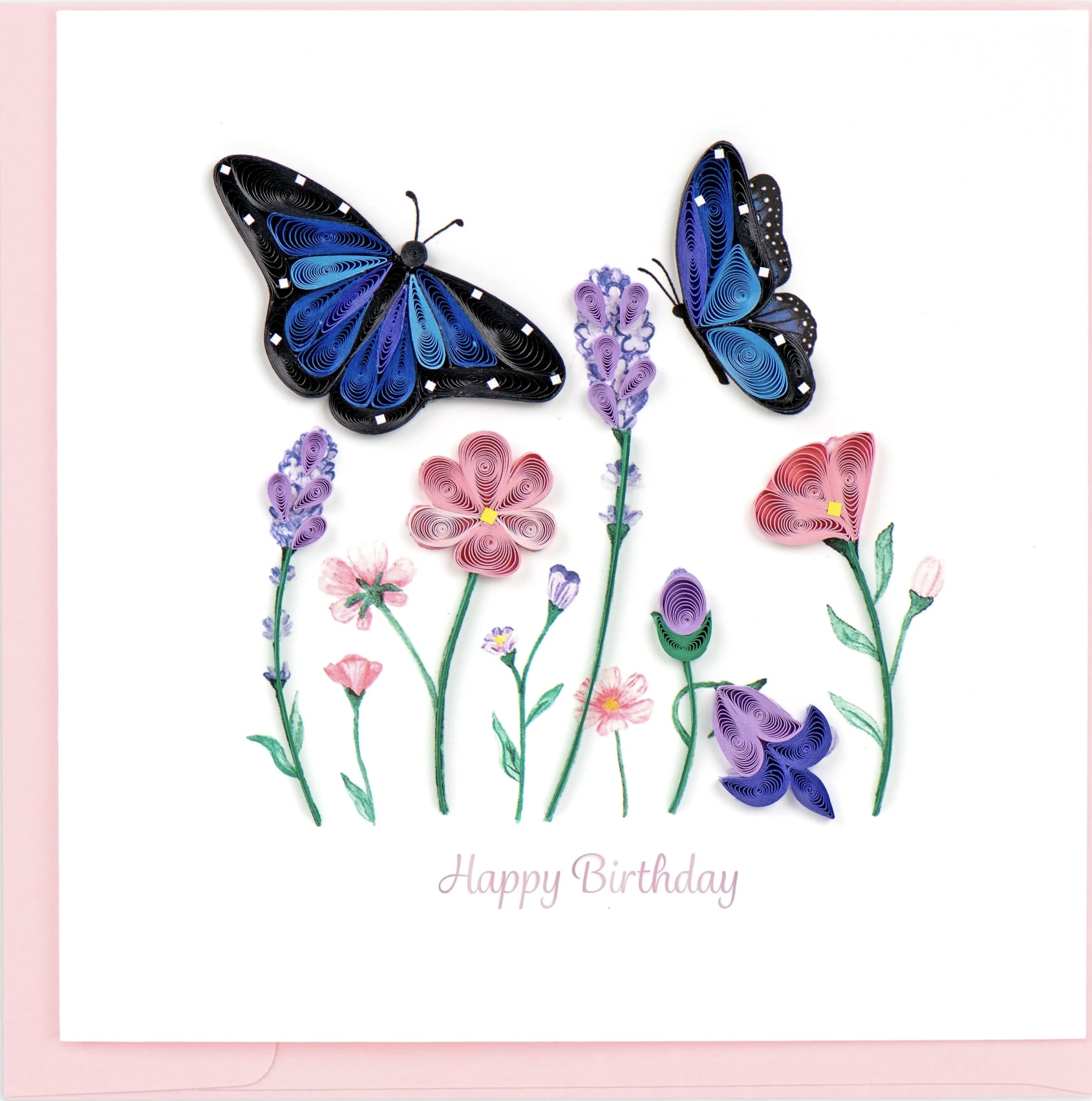 Birthday card with paper butterflies and flowers on a white background