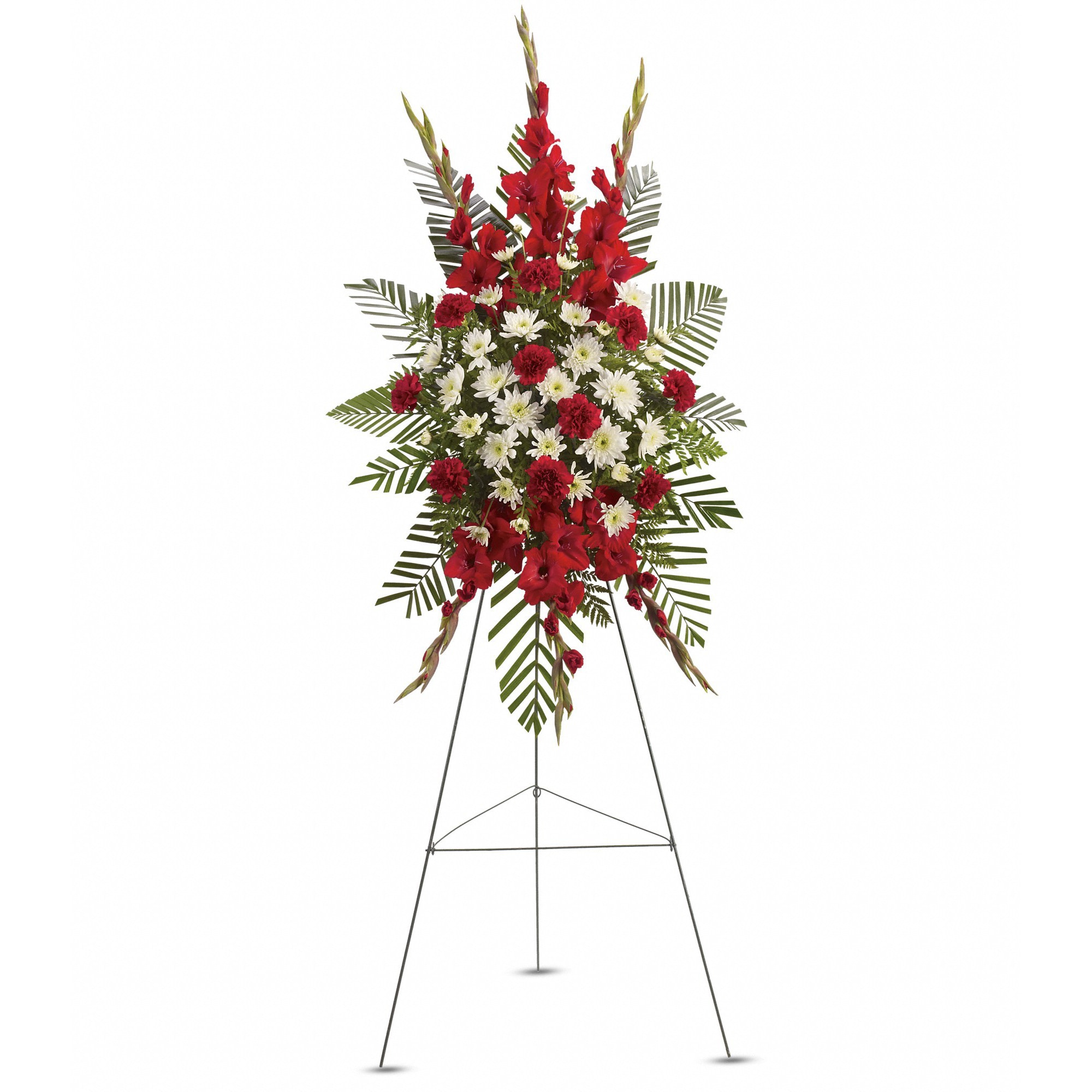 Standing red and white floral spray on an easel